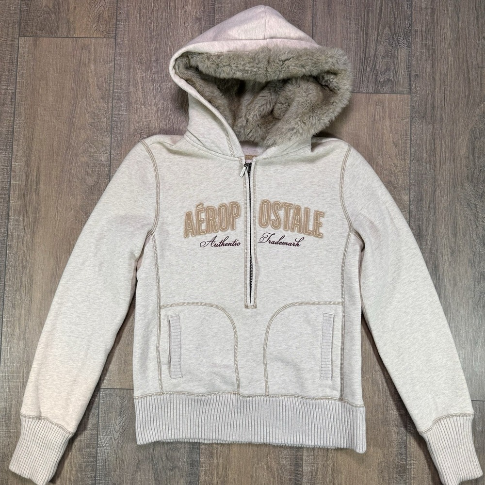 Aeropostale Y2K Faux Fur Hood Fleece Trim Sweatshirt Womens Med Cream Half Zip